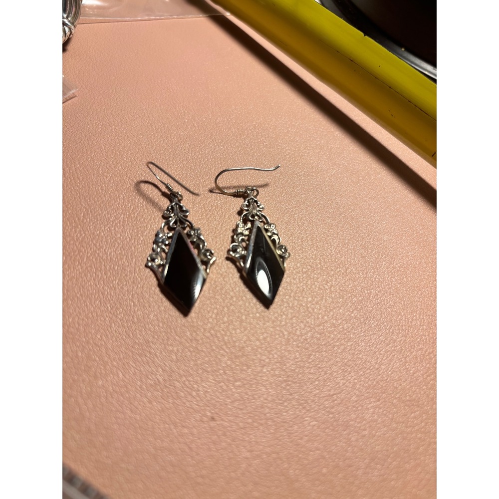 Vintage Sterling Silver 925 Black Onyx Filigree Diamond Drop Earrings Gothic